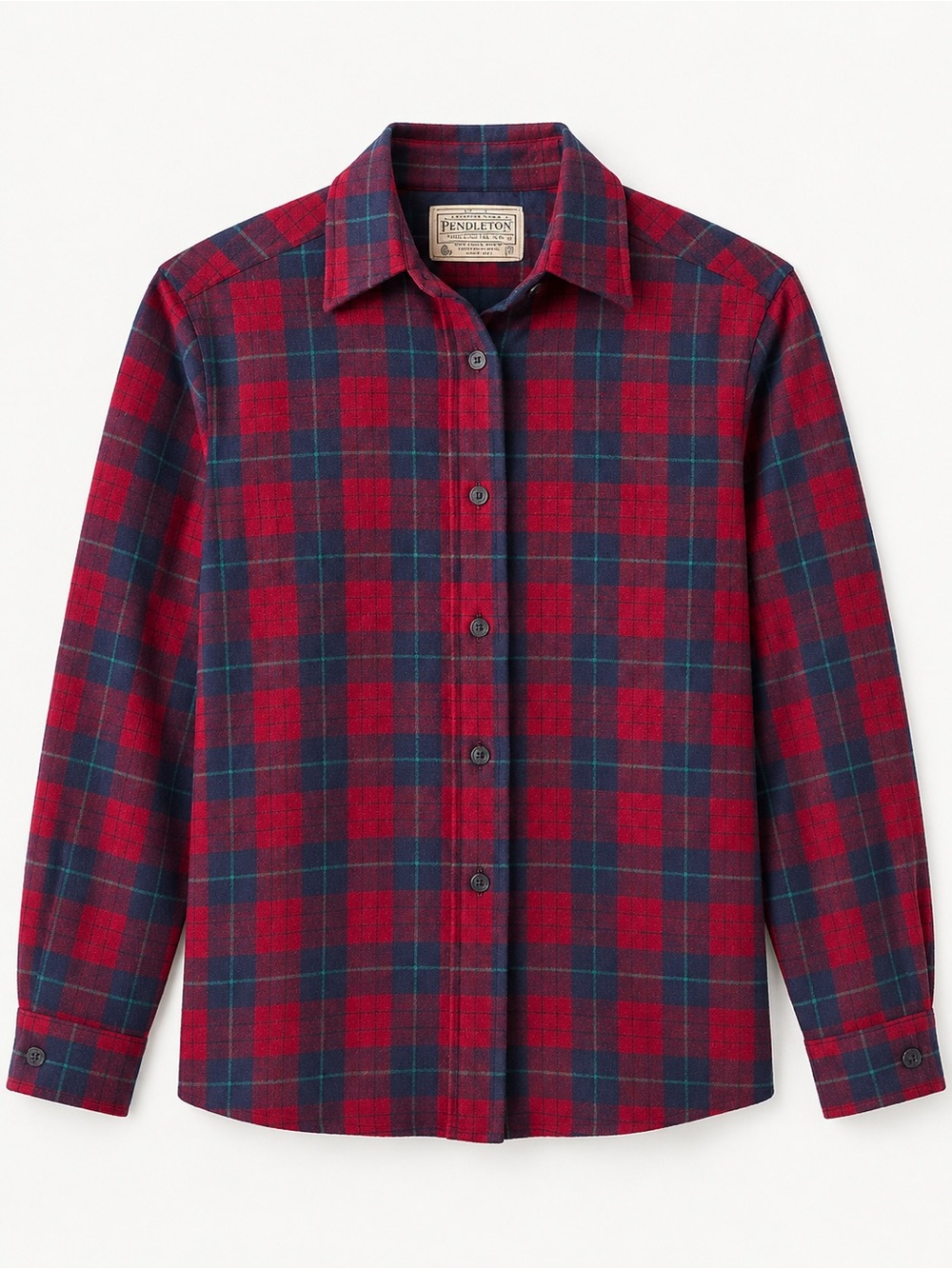Vintage 100% Virgin Wool Pendleton Red and Navy Plaid Button-Down Shirt 60’s